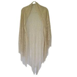 Vintage Metallic Lace Fringed Scarf Wrap Womans One Size Ivory Gold